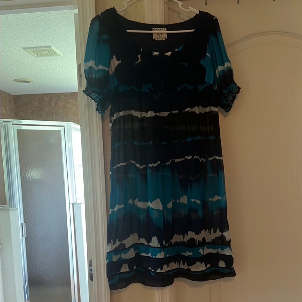 BECCA Blue and White Mini Puff Sleeve Sundress